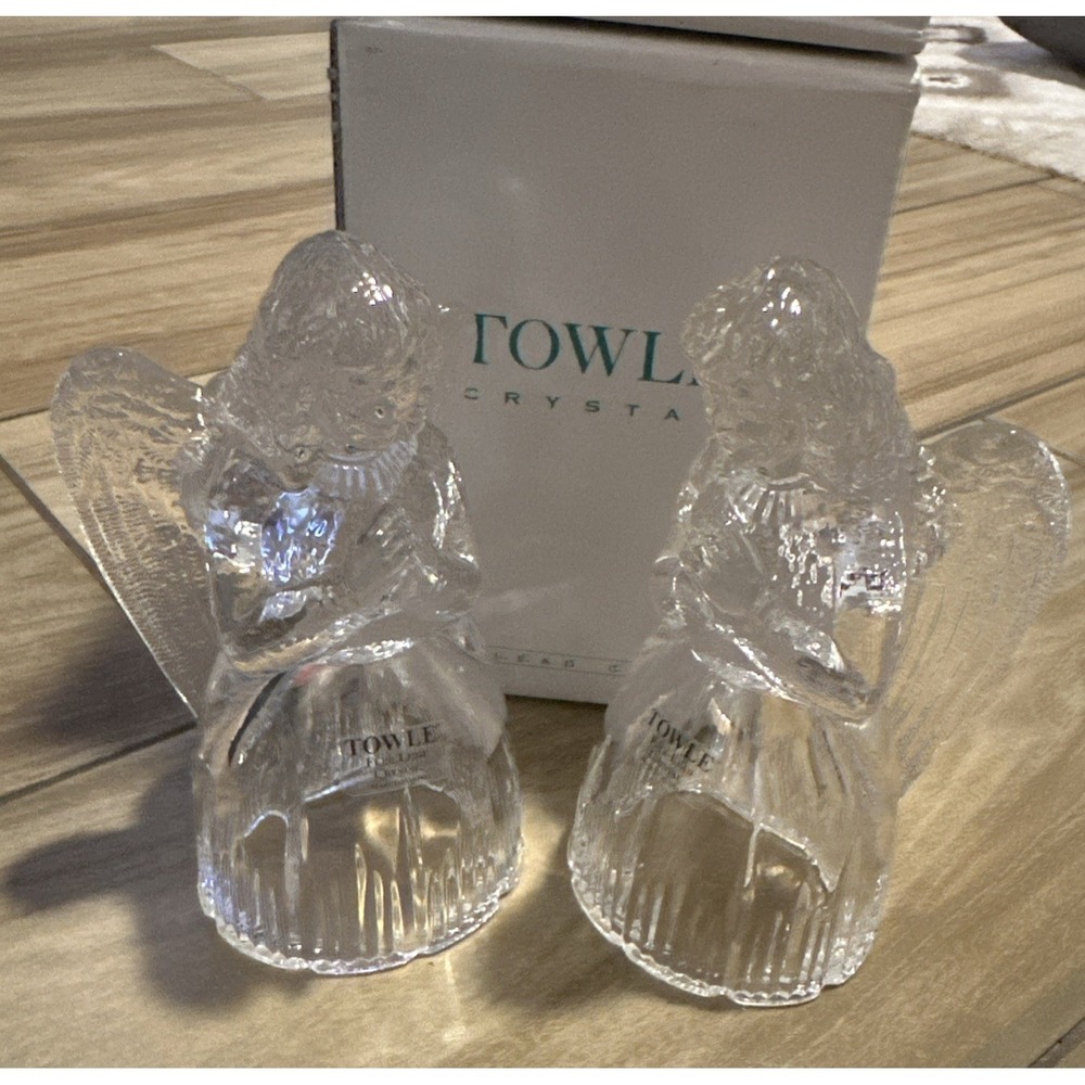 2 TOWLE 24% Full Lead Crystal 5.5" PRAYING ANGEL Candleholder Austria 1997